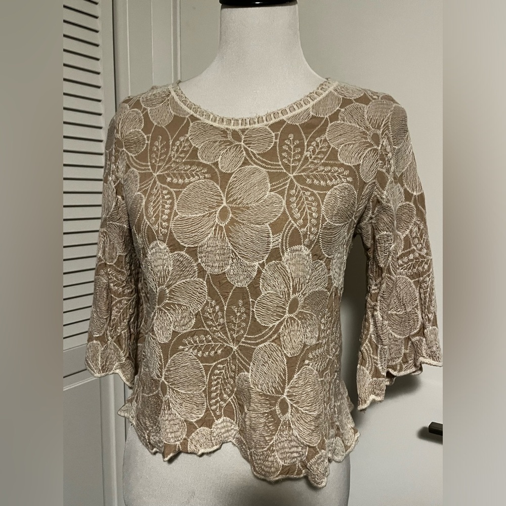 Tan and cream, floral embroidered three-quarter sleeve blouse